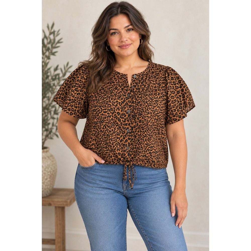 J.Crew Top Womens 3X Leopard Print Cotton Structured Short  Sleeves Drawstring